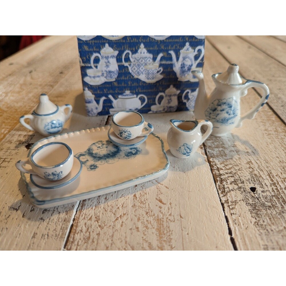 Vintage Ceramic Blue & White Miniature Tea & Coffee Set